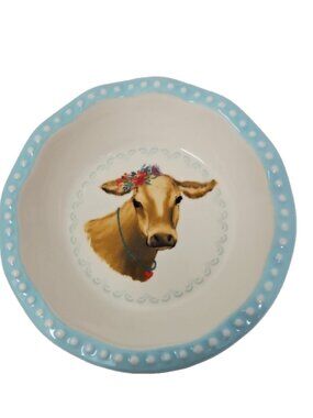 Pioneer Woman Cow Individual Pie Dish Blue Gingham Sweet Romance Blossoms Cow 5"